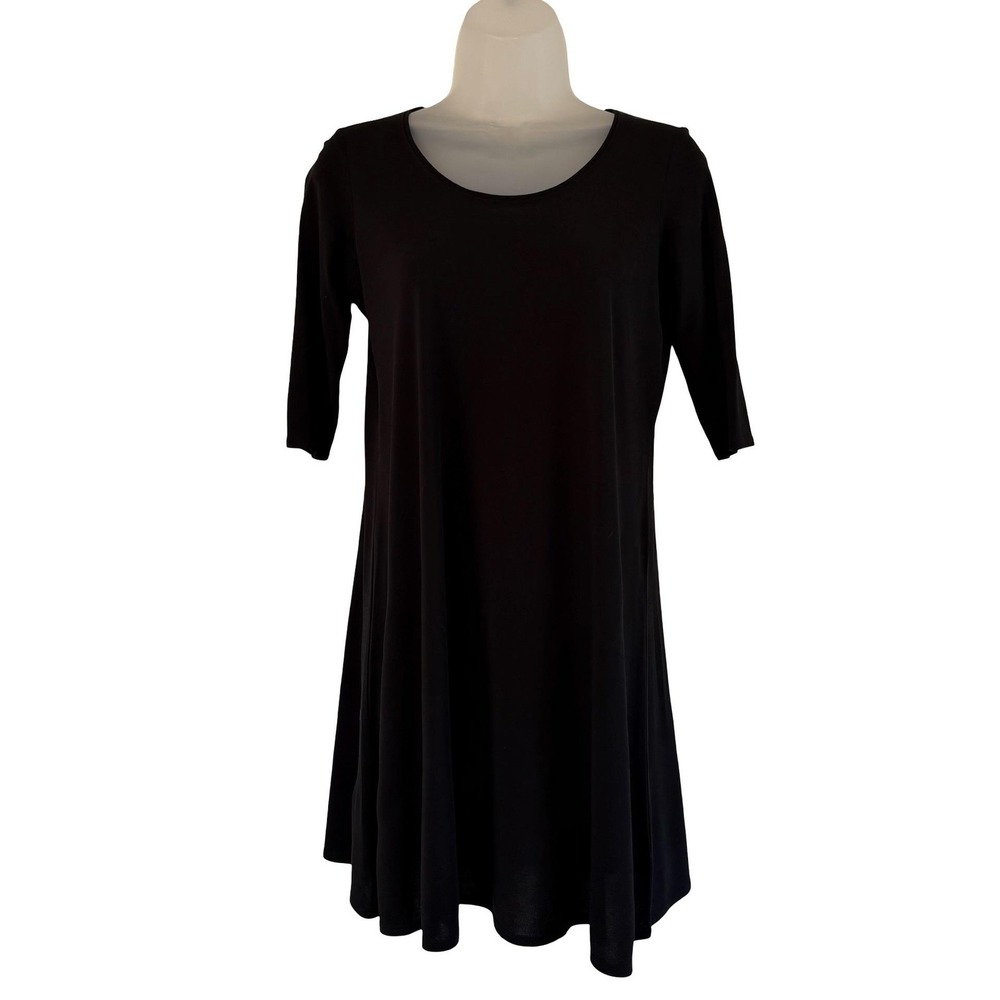 Eileen Fisher Dress Womens XS Black 100%‎ Silk Trapeze Swing 3/4 Sleeve Short